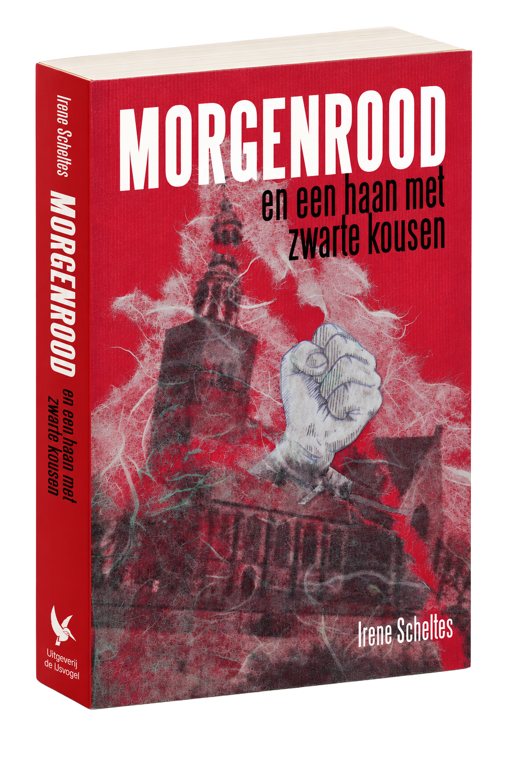 Morgenrood en een haan met zwarte kousen van Irene Scheltes, als paperback met rode omslag en zichtbare rug